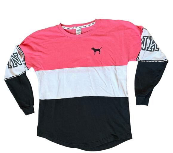 Victoria's Secret Pink Sweaters - Victoria's Secret PINK Striped Cotton Blend Varsity Long Sleeved Pullover Sz S